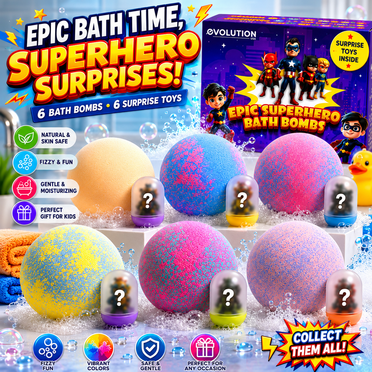 EvolutionUSA 6pc Epic Superhero Bath Bombs for Kids