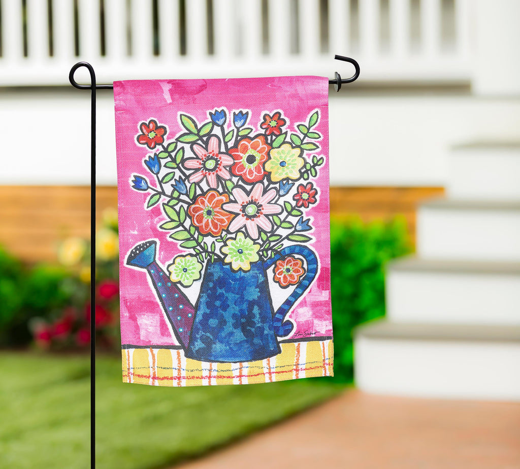 Summer Flowers Watering Can 2 Sided Garden Flag