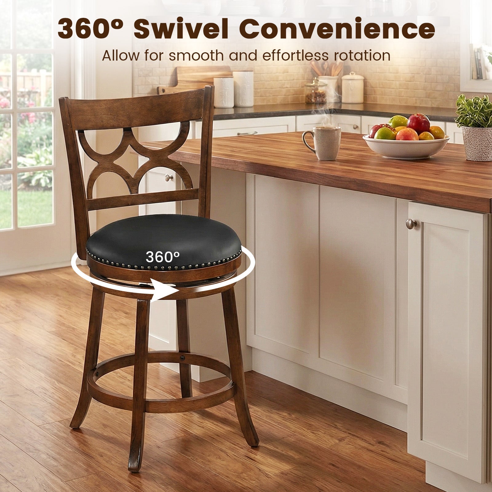 Swivel Bar Stools Set of 2 with High Backrest and Wood Frame