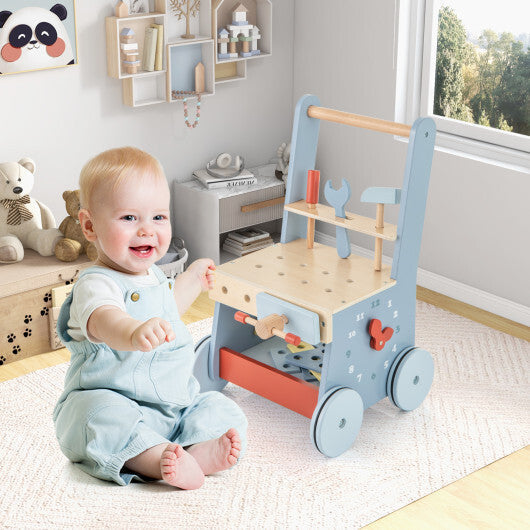 2-in-1 Toddler Wooden Baby Push Walker with Multi-Activity Center - Color: Blue