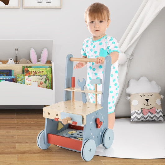 2-in-1 Toddler Wooden Baby Push Walker with Multi-Activity Center - Color: Blue
