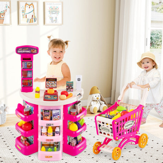 Supermarket Playset for Kids 76 PCS Pretend Play Grocery Store Set with Shopping Cart-Blue