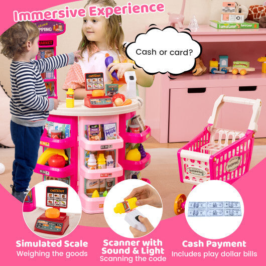 Supermarket Playset for Kids 76 PCS Pretend Play Grocery Store Set with Shopping Cart-Blue