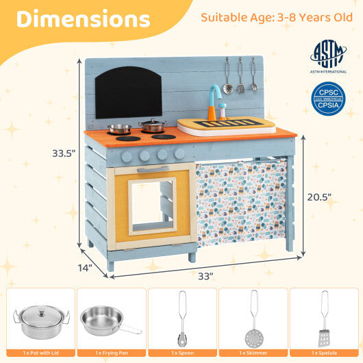 Wooden Toy Kitchen Playset with Removable Circulation Faucet and Cooking Accessories-Blue