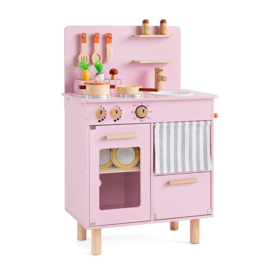 Wooden Play Kitchen for Kids Toddler Kitchen Playset with Stoves Faucet Sink-Beige