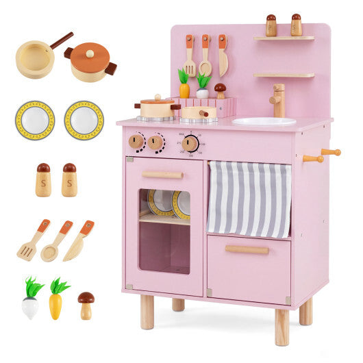 Wooden Play Kitchen for Kids Toddler Kitchen Playset with Stoves Faucet Sink-Beige
