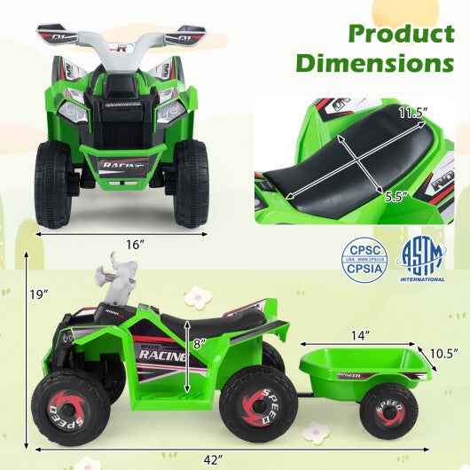 6V Kids Electric ATV Quad Car with Detachable Trailer-White