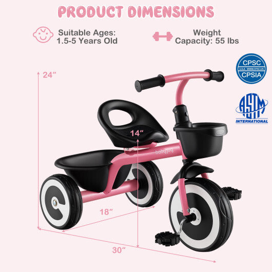 Toddler Tricycle with Adjustable Seat and Storage Baskets for 1.5-5 Years Old-White