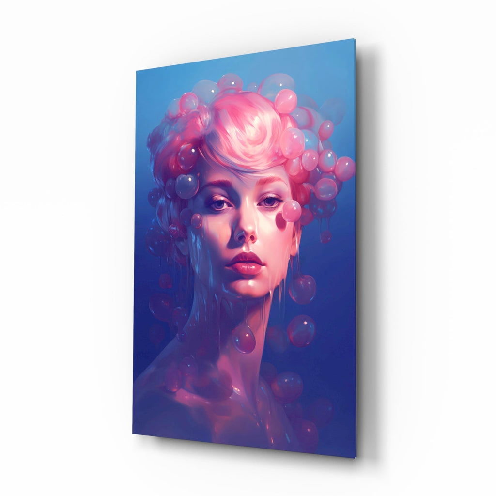 Pink Hair Dripping Bubbles Woman Glass Wall Art