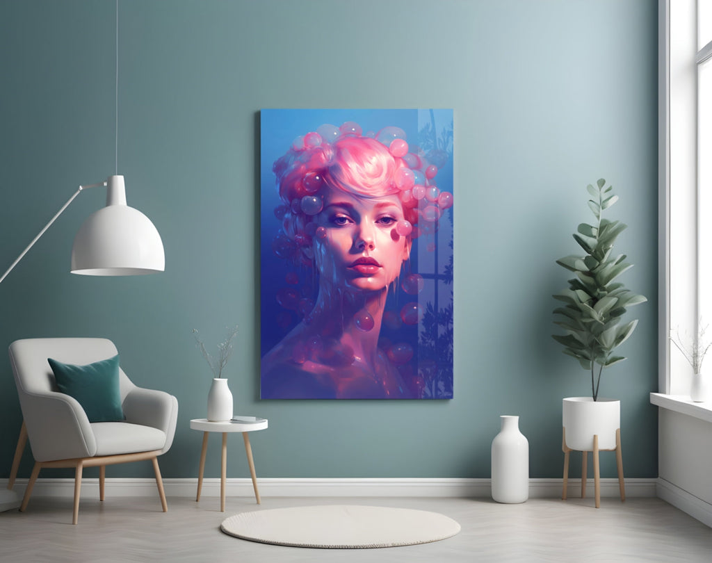 Pink Hair Dripping Bubbles Woman Glass Wall Art