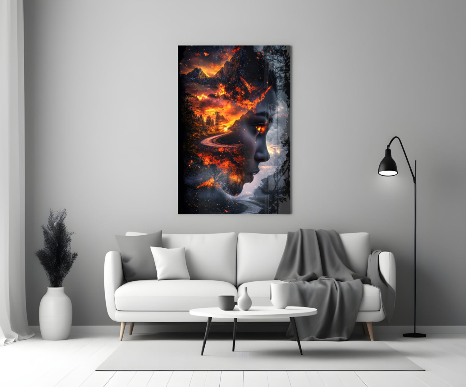 Fiery Valley Double Exposure Face Glass Wall Art