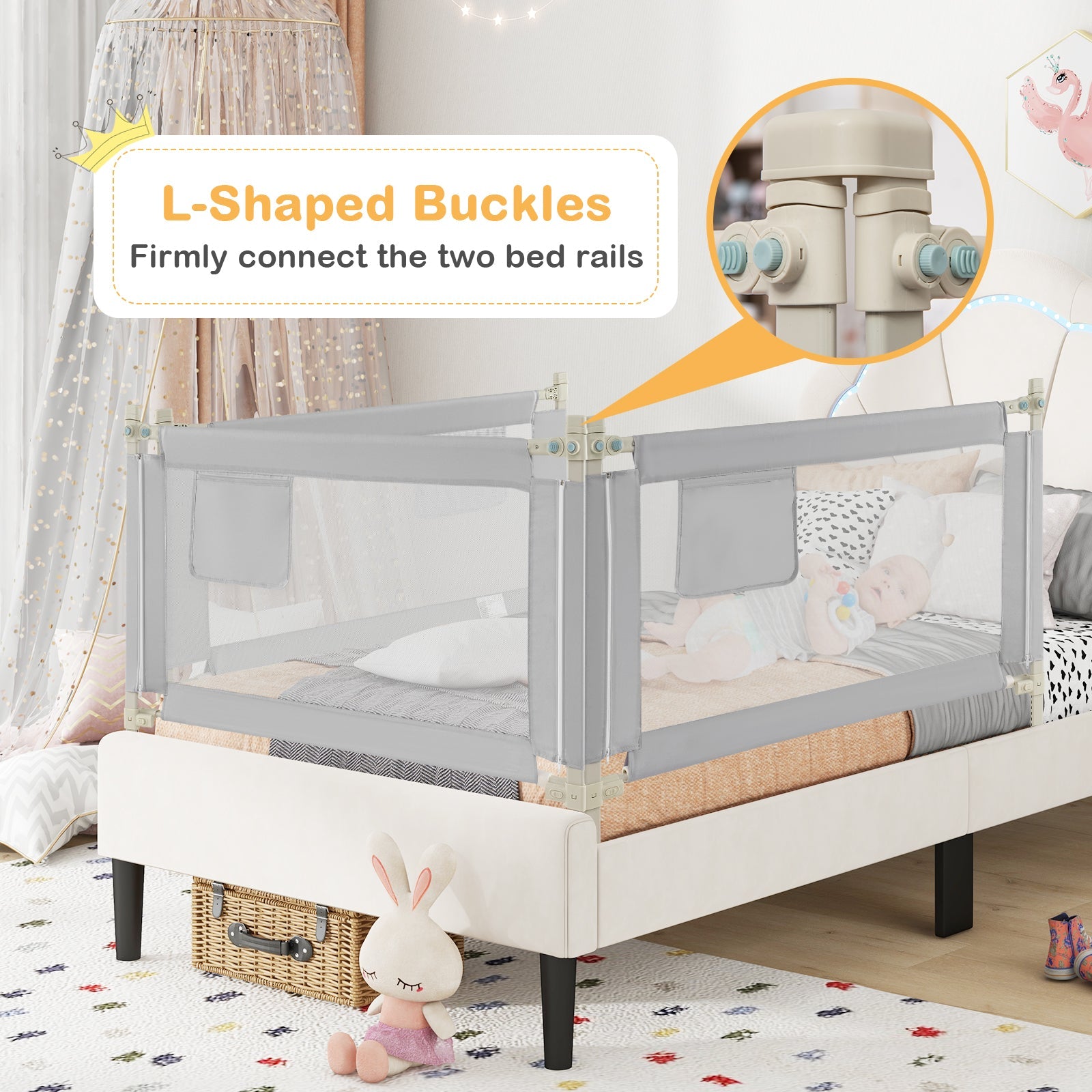 Toddler Bedrail with Side Pocket and 24 Adjustable Heights-Gray