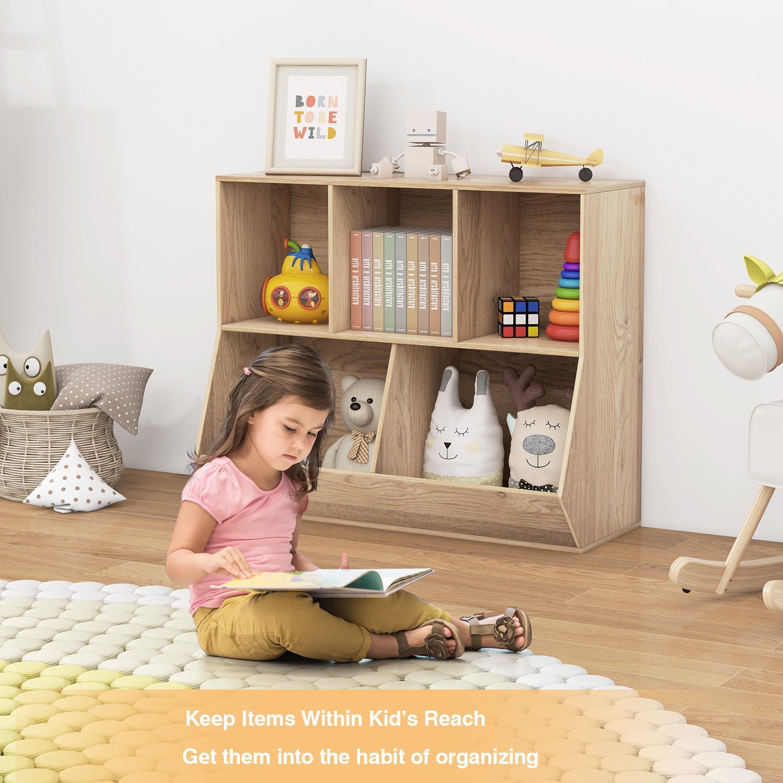 5-Cube Wooden Kids Toy Storage Organizer with Anti-Tipping Kits-Natural