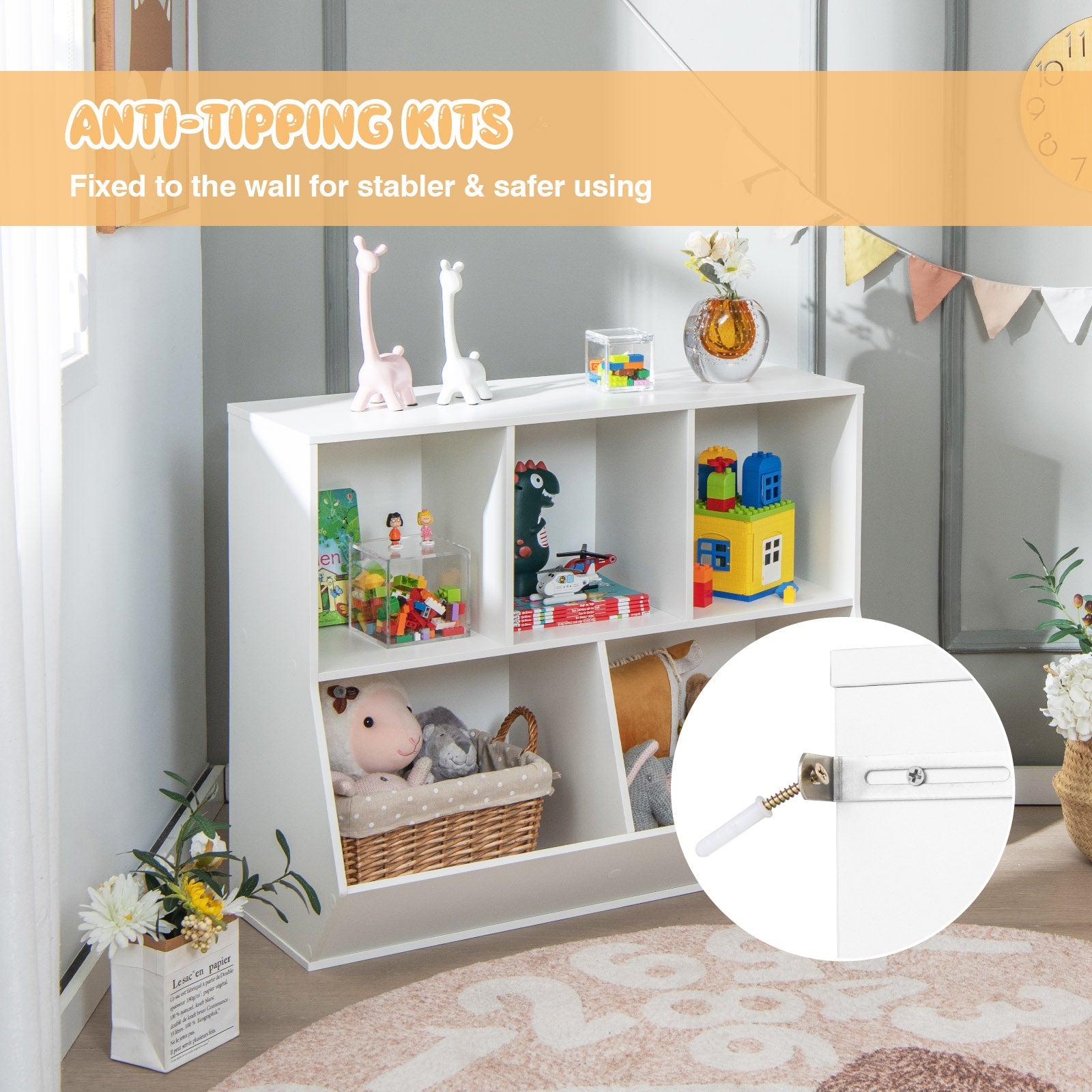 5-Cube Wooden Kids Toy Storage Organizer with Anti-Tipping Kits-White
