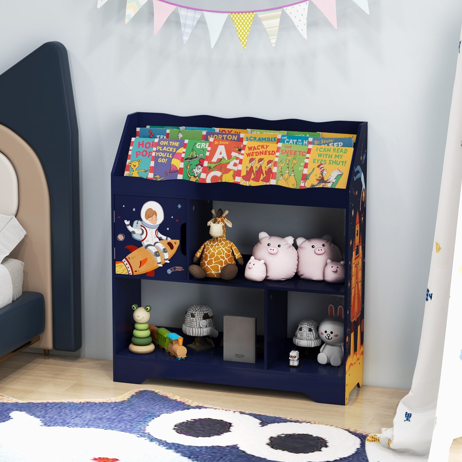 Kids Toy Storage Organizer with Book Shelf and Storage Cabinet-Navy
