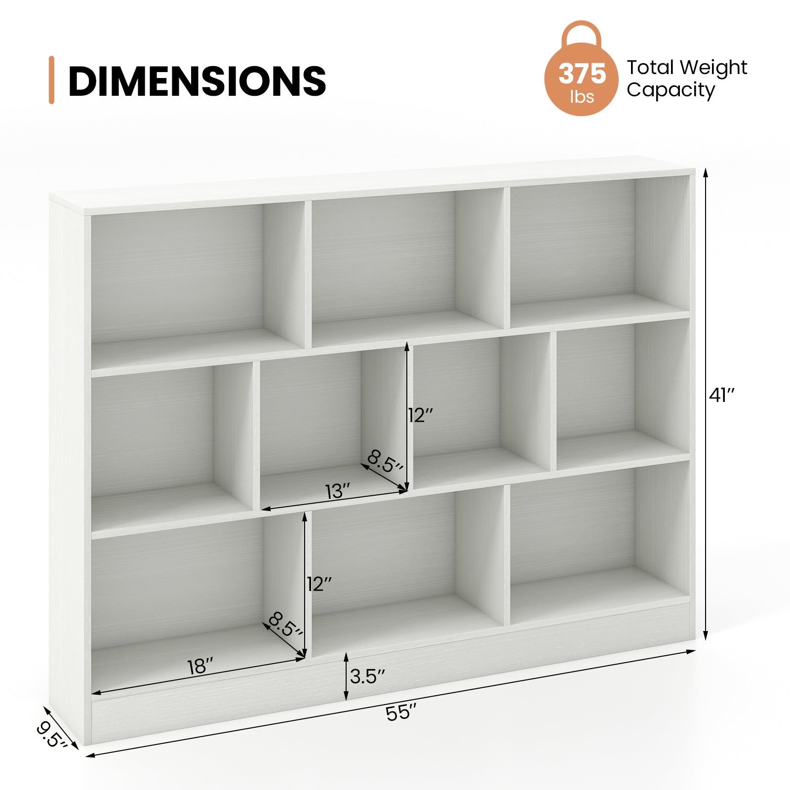41 inches Wooden Toy Storage Organizer with 10 Cubes for Classroom Daycare Nursery Kindergarten-White