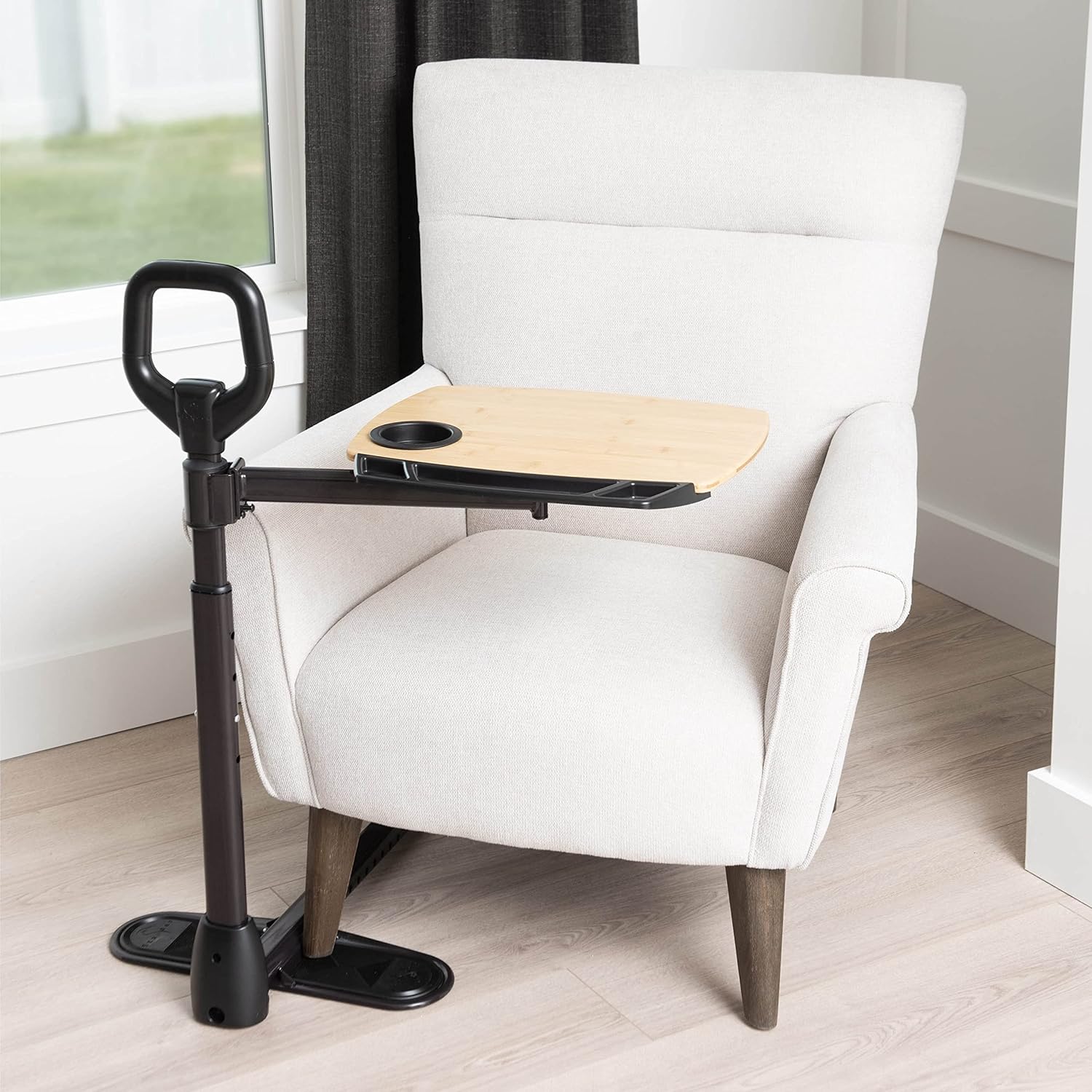Tray Table, Adjustable Bamboo TV and Laptop Desk with Ergonomic Stand Assist Safety Handle, Independent Living Aid