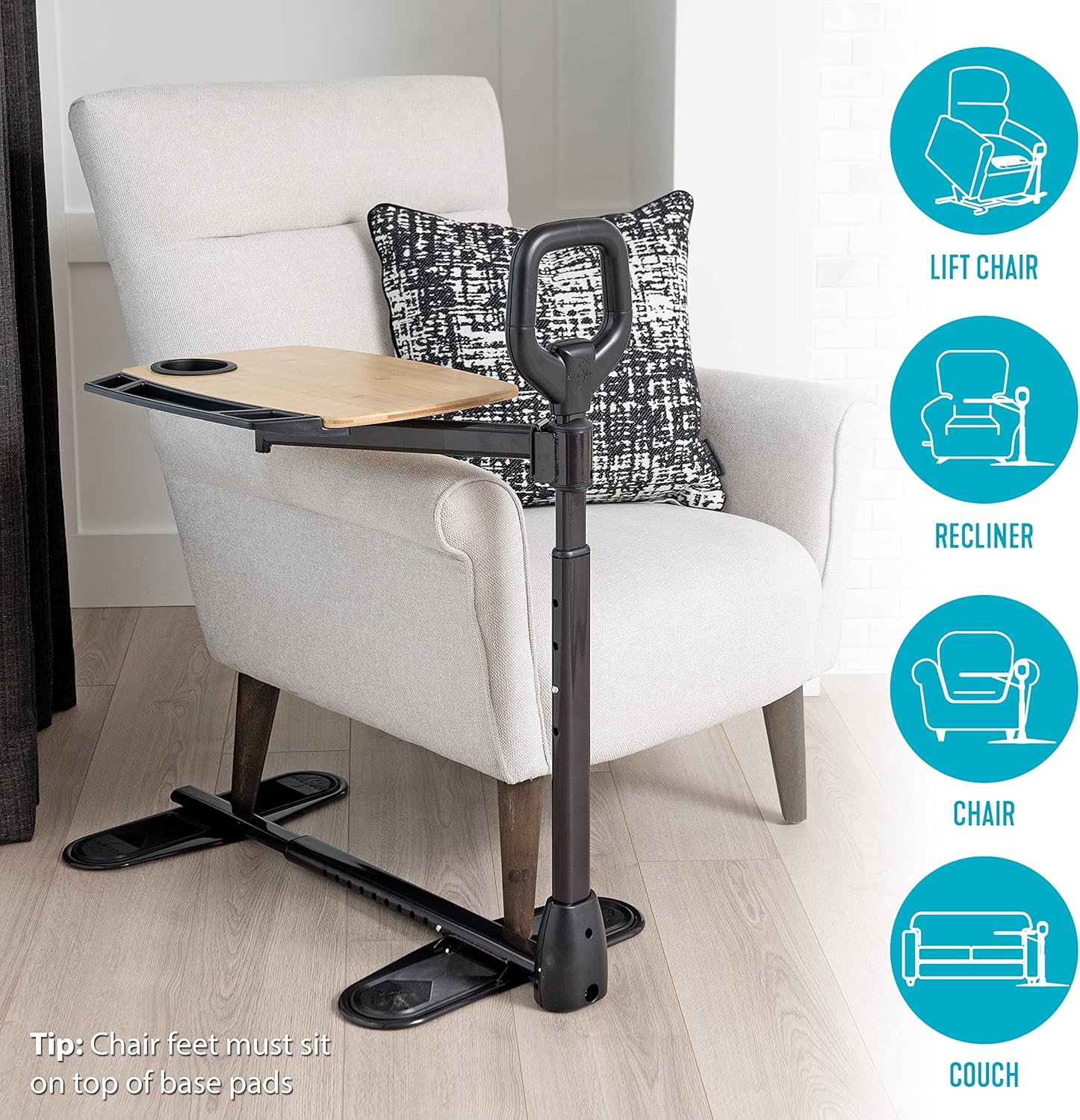 Tray Table, Adjustable Bamboo TV and Laptop Desk with Ergonomic Stand Assist Safety Handle, Independent Living Aid