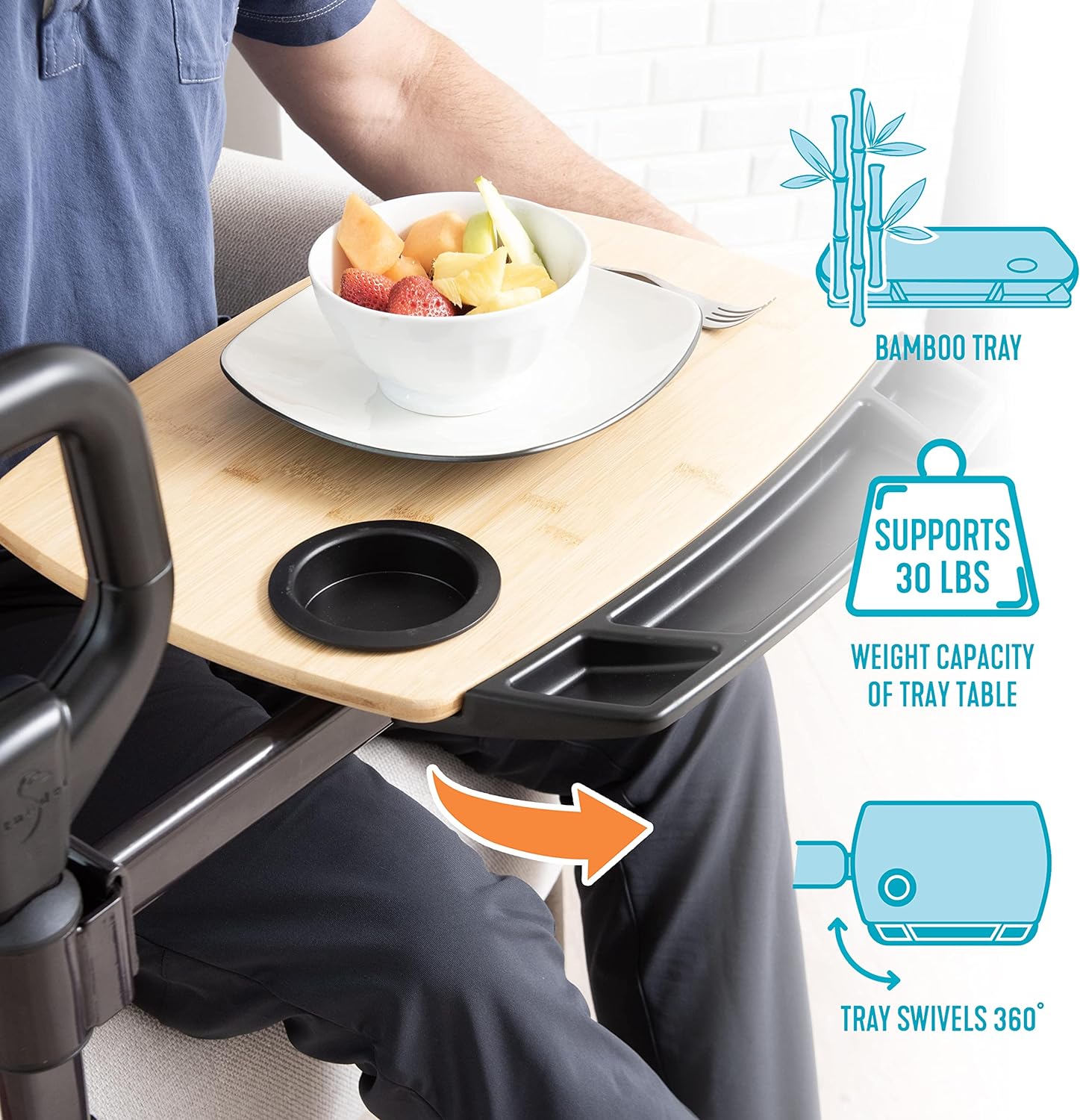Tray Table, Adjustable Bamboo TV and Laptop Desk with Ergonomic Stand Assist Safety Handle, Independent Living Aid
