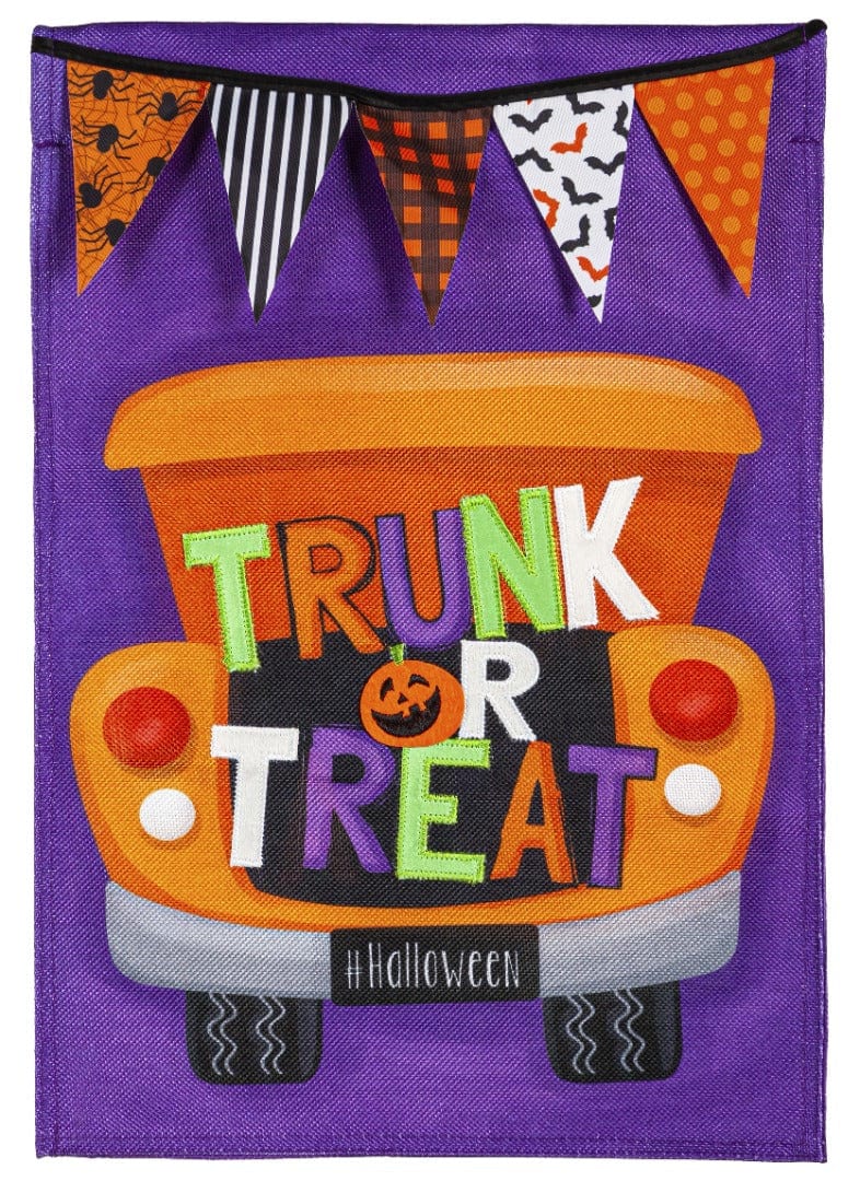 Trunk or Treat Halloween Garden Flag 2 Sided Burlap