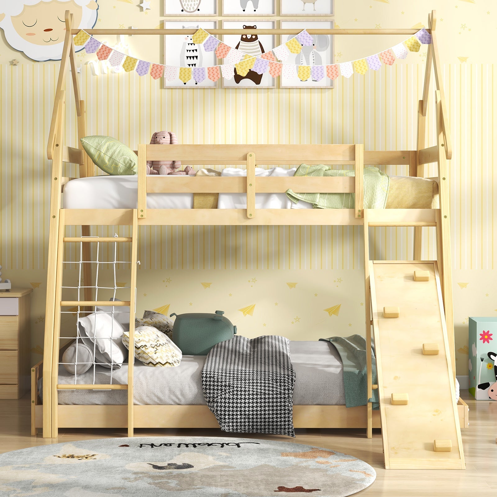 Twin Over Queen Bunk Bed Wooden Kids Bed with Climbing Nets and Ramp-Natural