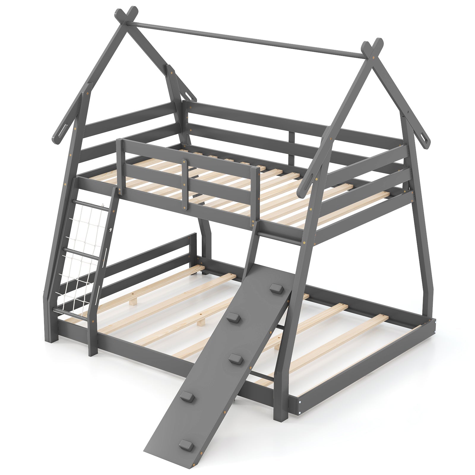 Twin Over Queen Bunk Bed Wooden Kids Bed with Climbing Nets and Ramp-Gray