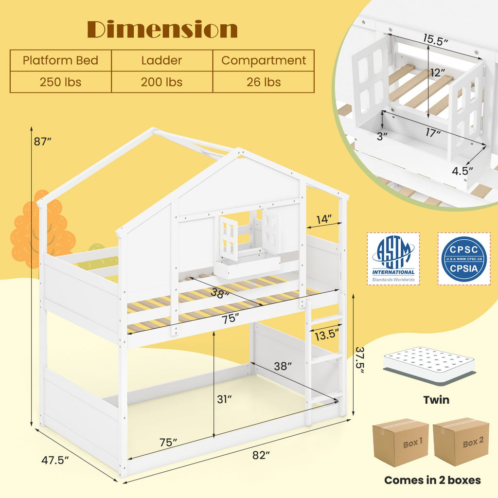 Twin Over Twin Bunk Bed for Kids with Roof and Lockable Window-White