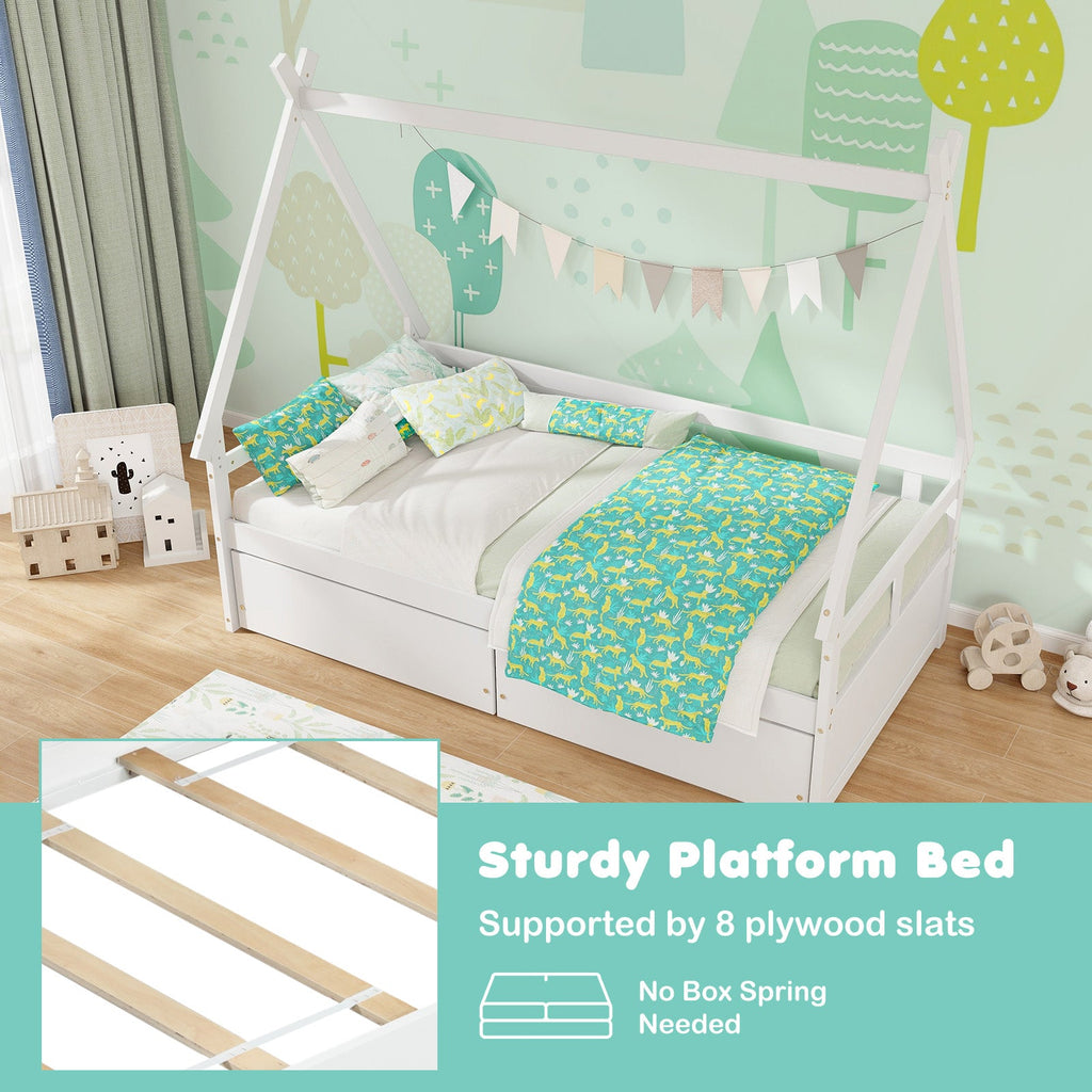 Twin Size House Bed with Roof and Safety Guardrail-White