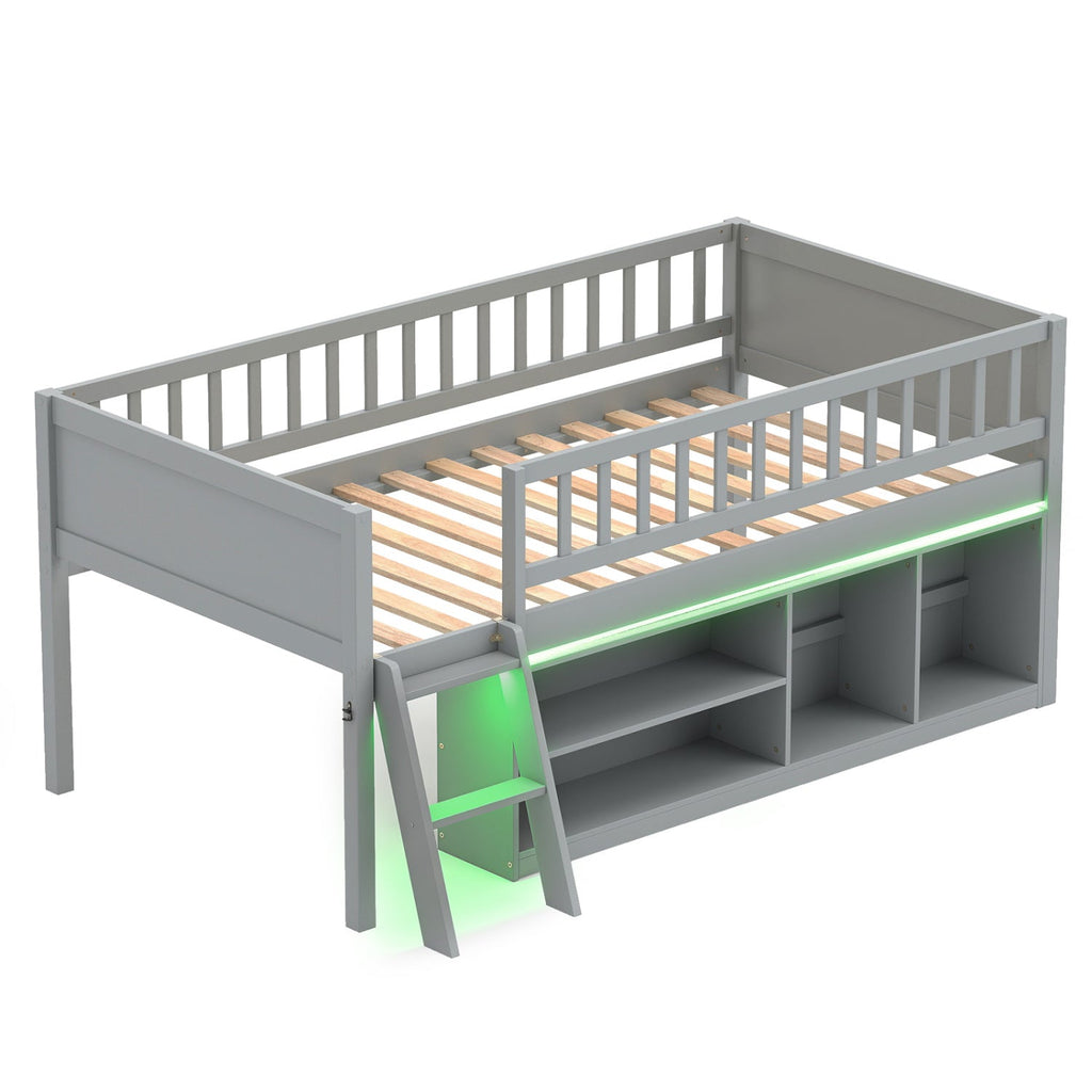Twin Loft Bed with LED Lights & Bookshelf for Kids