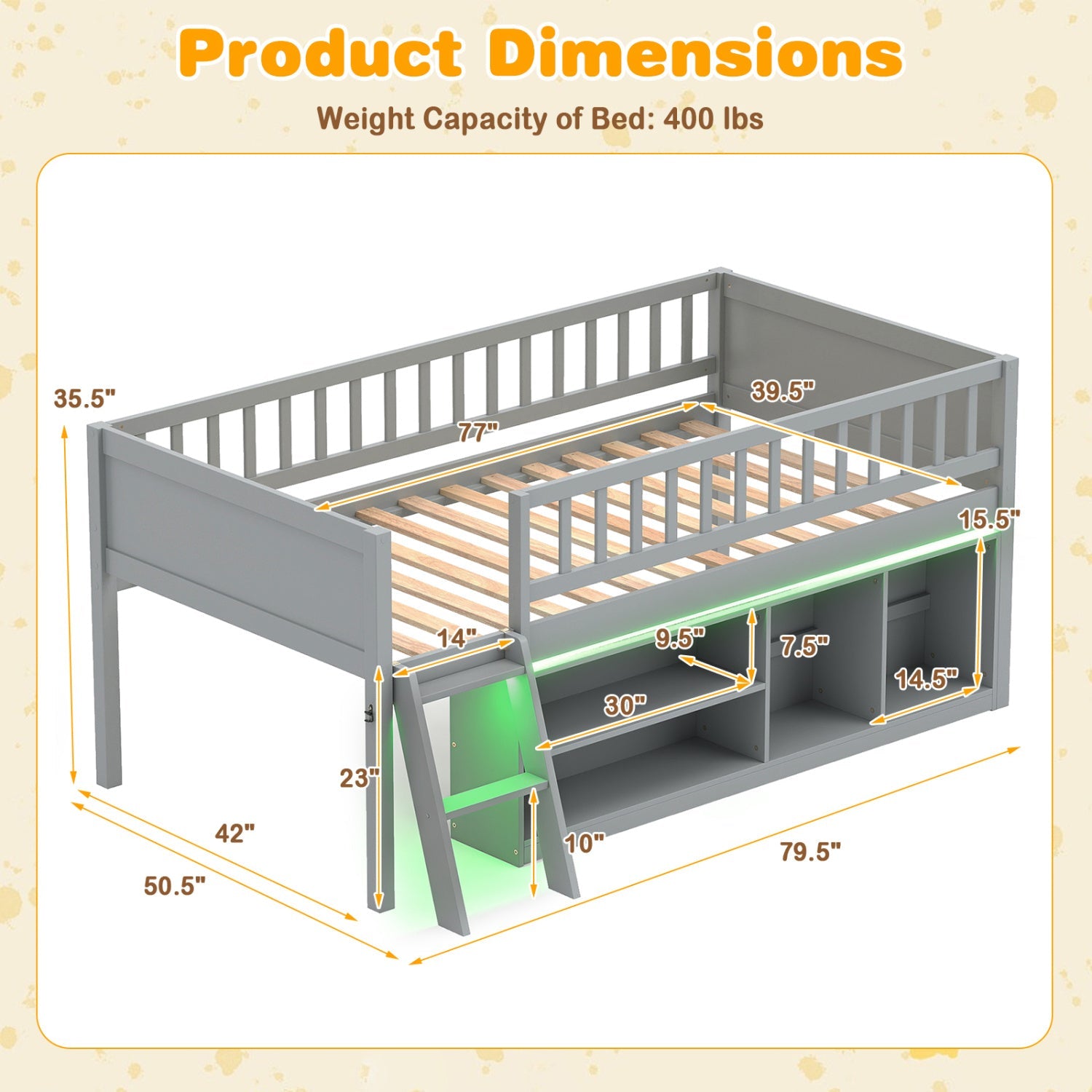 Twin Loft Bed with LED Lights & Bookshelf for Kids