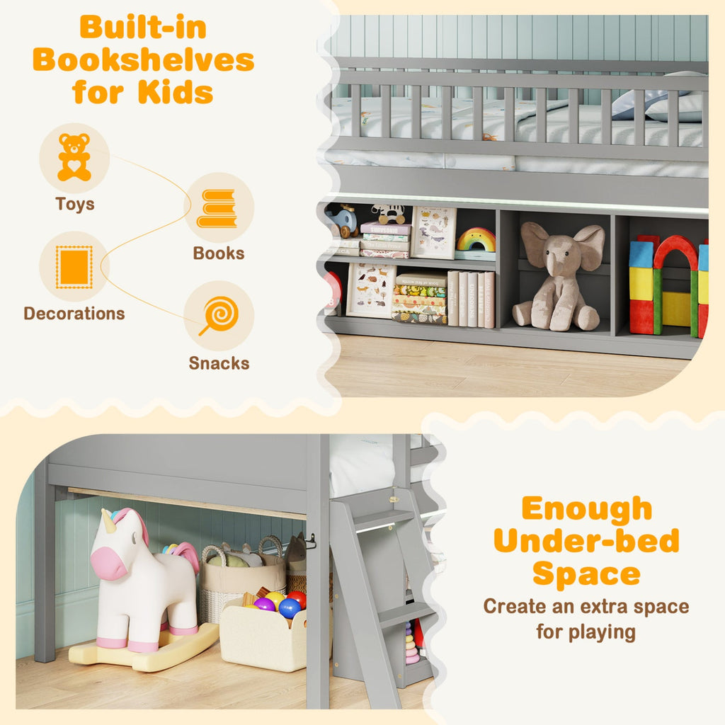Twin Loft Bed with LED Lights & Bookshelf for Kids