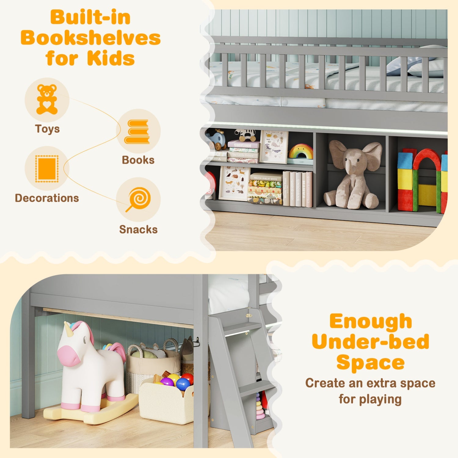 Twin Loft Bed with LED Lights & Bookshelf for Kids