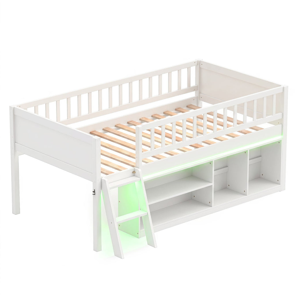 Twin Loft Bed with LED Lights & Bookshelf for Kids