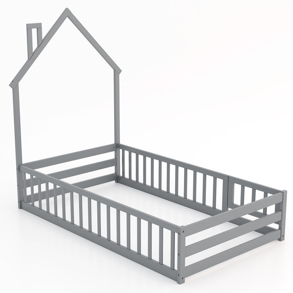 Twin Size Montessori Floor Bed with Lockable Door and Full-Length Guardrail-Gray