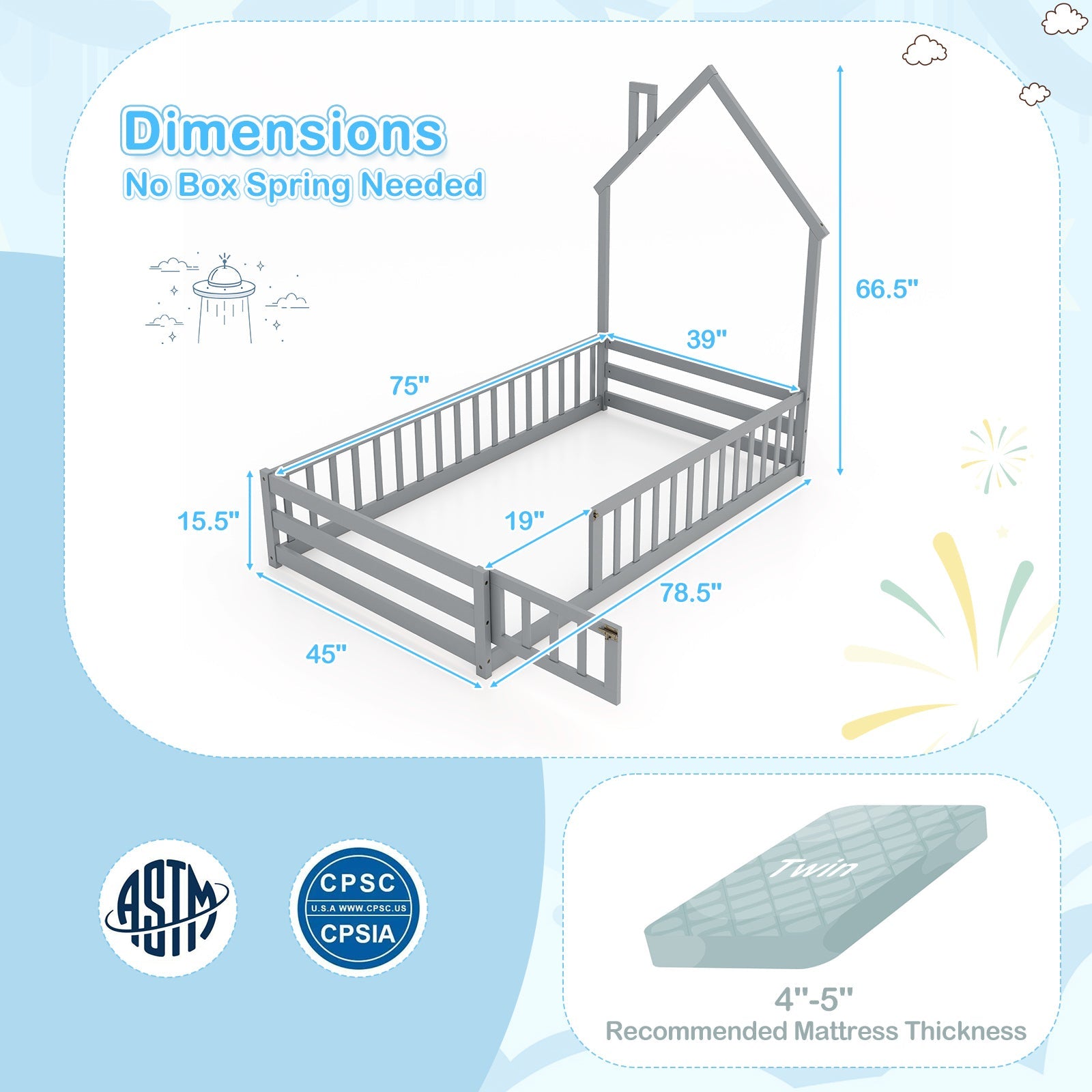 Twin Size Montessori Floor Bed with Lockable Door and Full-Length Guardrail-Gray