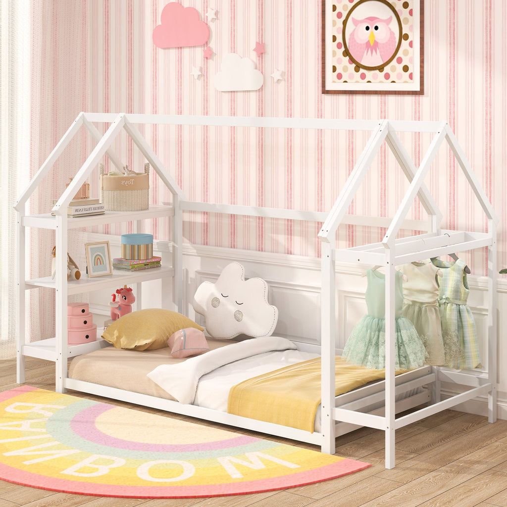 Twin Size Montessori Floor House Bed with Detachable Storage Shelves-White