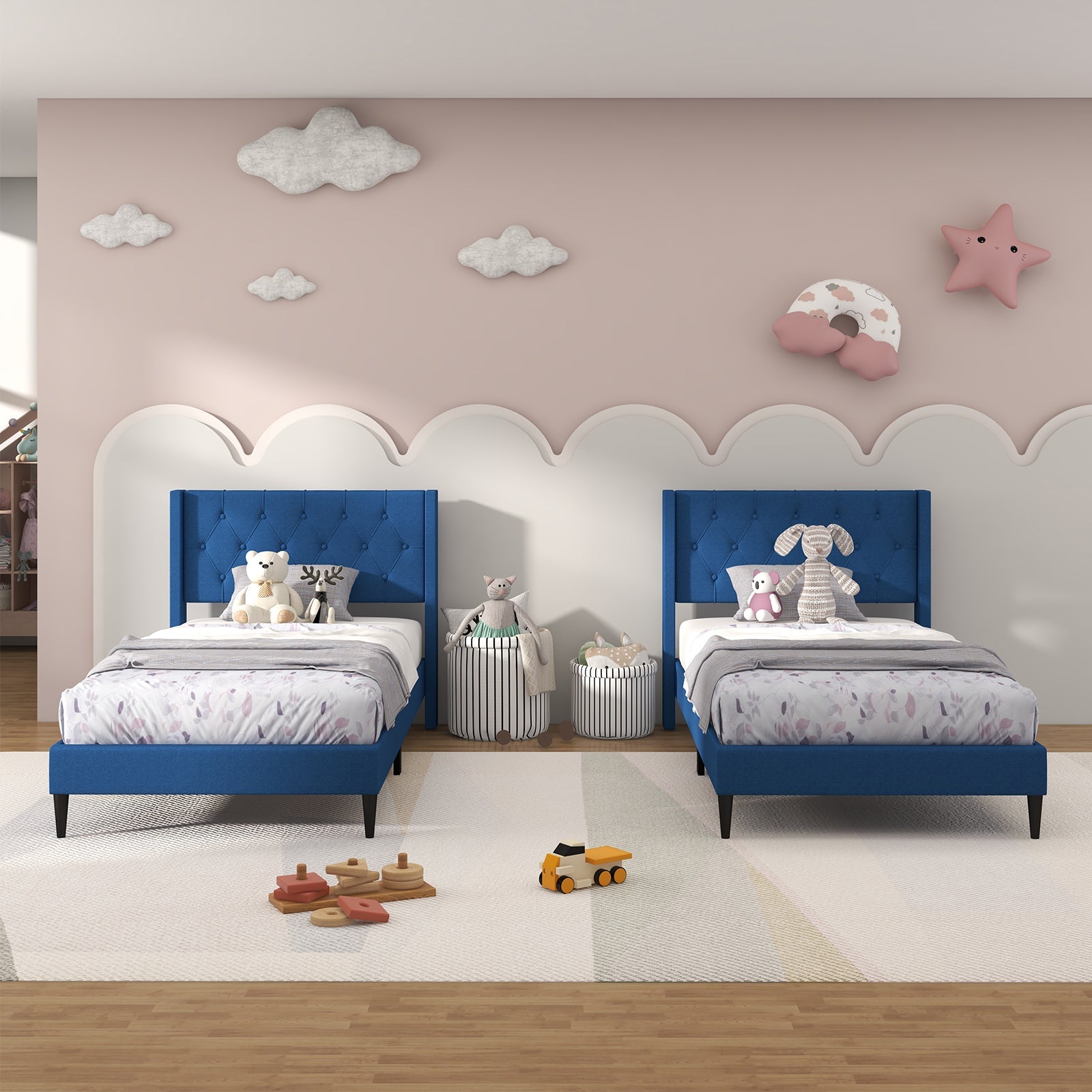 Twin Size Upholstered Platform Bed with Button Tufted Wingback Headboard