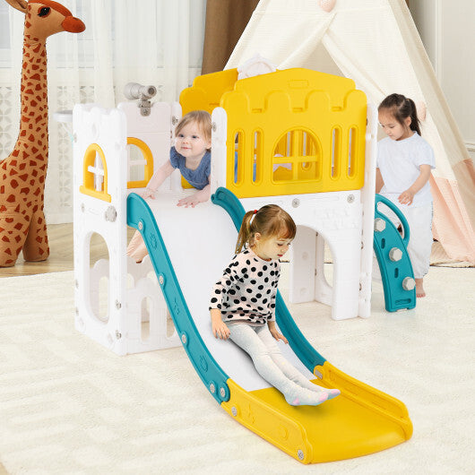 9-in-1 Toddler Slide L-Shaped with Basketball Hoop and Steering Wheel-Yellow