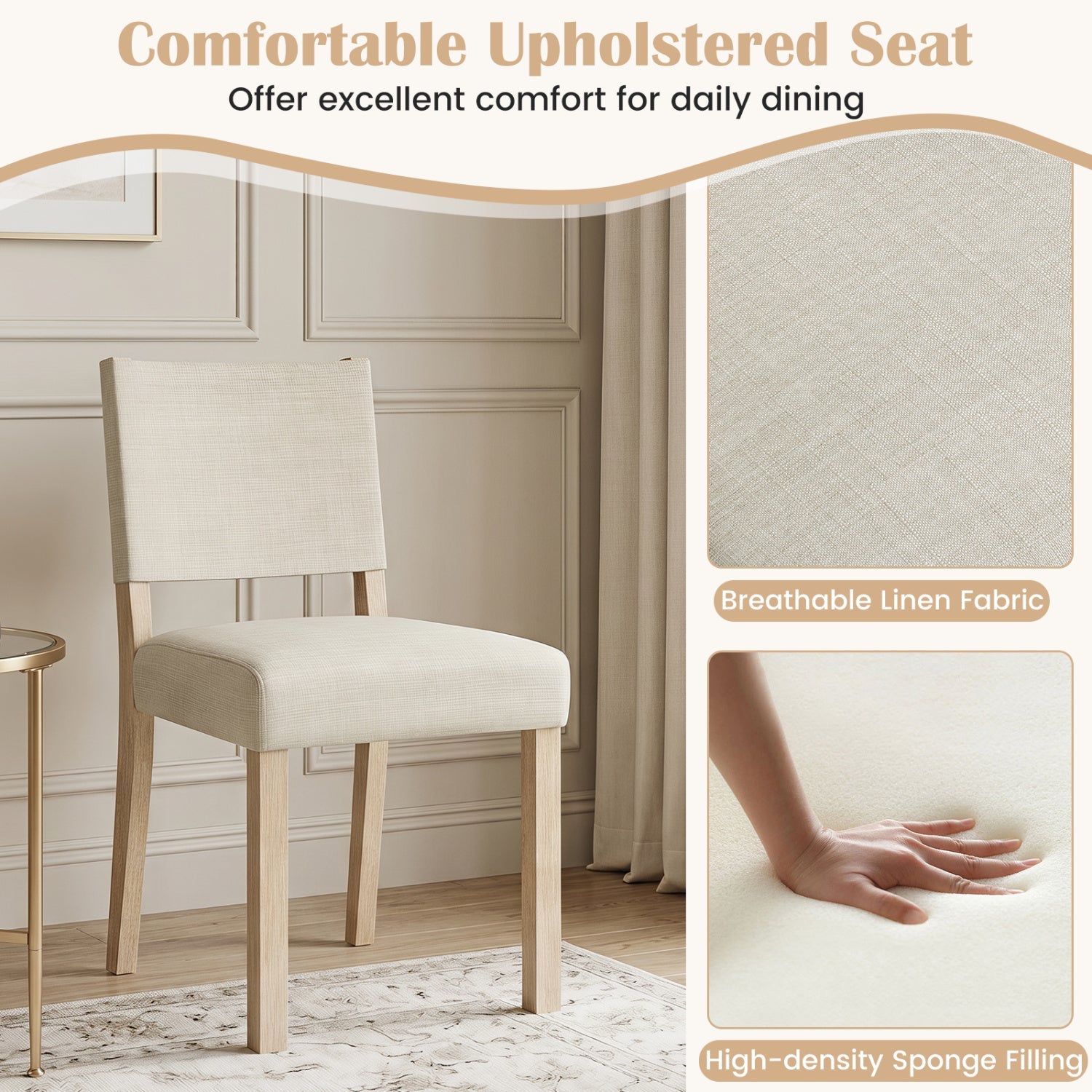 Upholstered Dining Chairs Set of 2 with Rubber Wood Legs