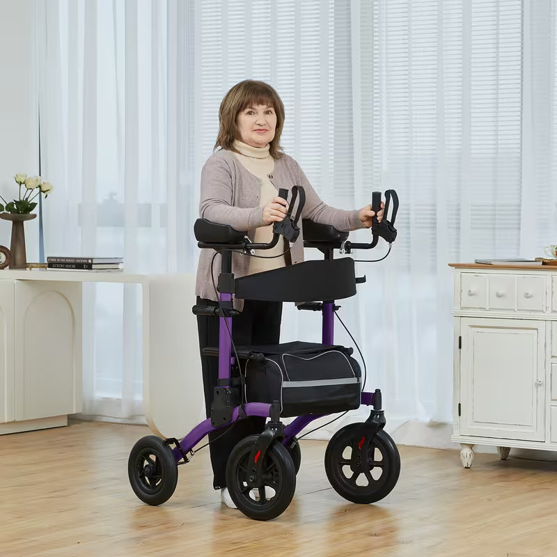 Upright Rollator Walkers for Seniors Stand Up Aluminium Tall Walker Light Weight for Rolling Mobility Walking Aids Light Purple
