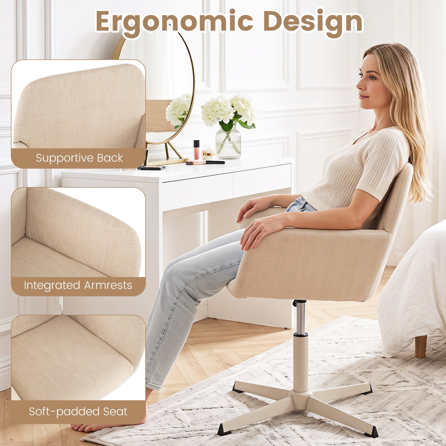 Swivel Vanity Chair with Adjustable Height and Back Support