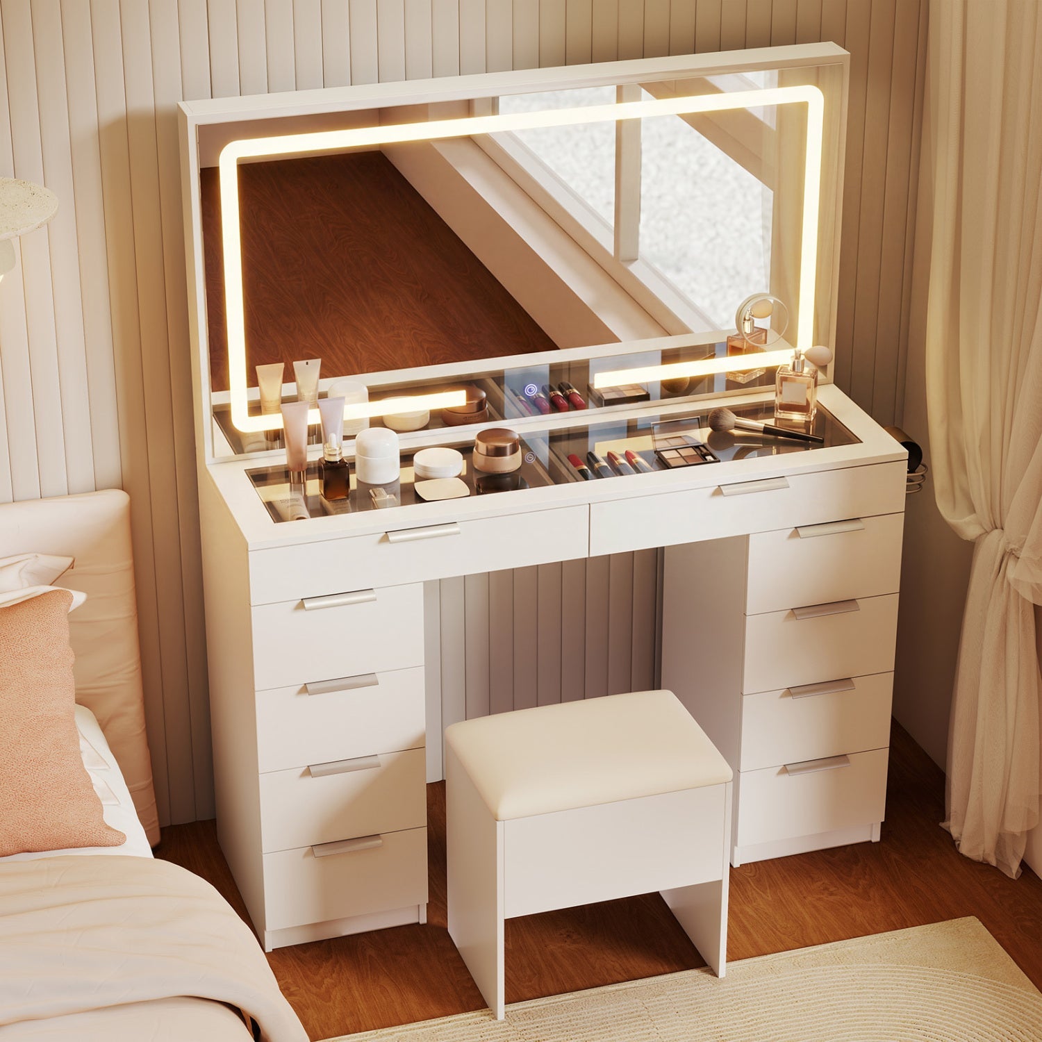 Vanity Desk with Lighted Mirror and Charging Station