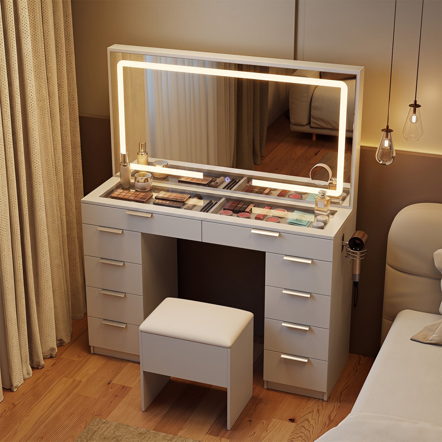 Vanity Desk with Lighted Mirror and Charging Station