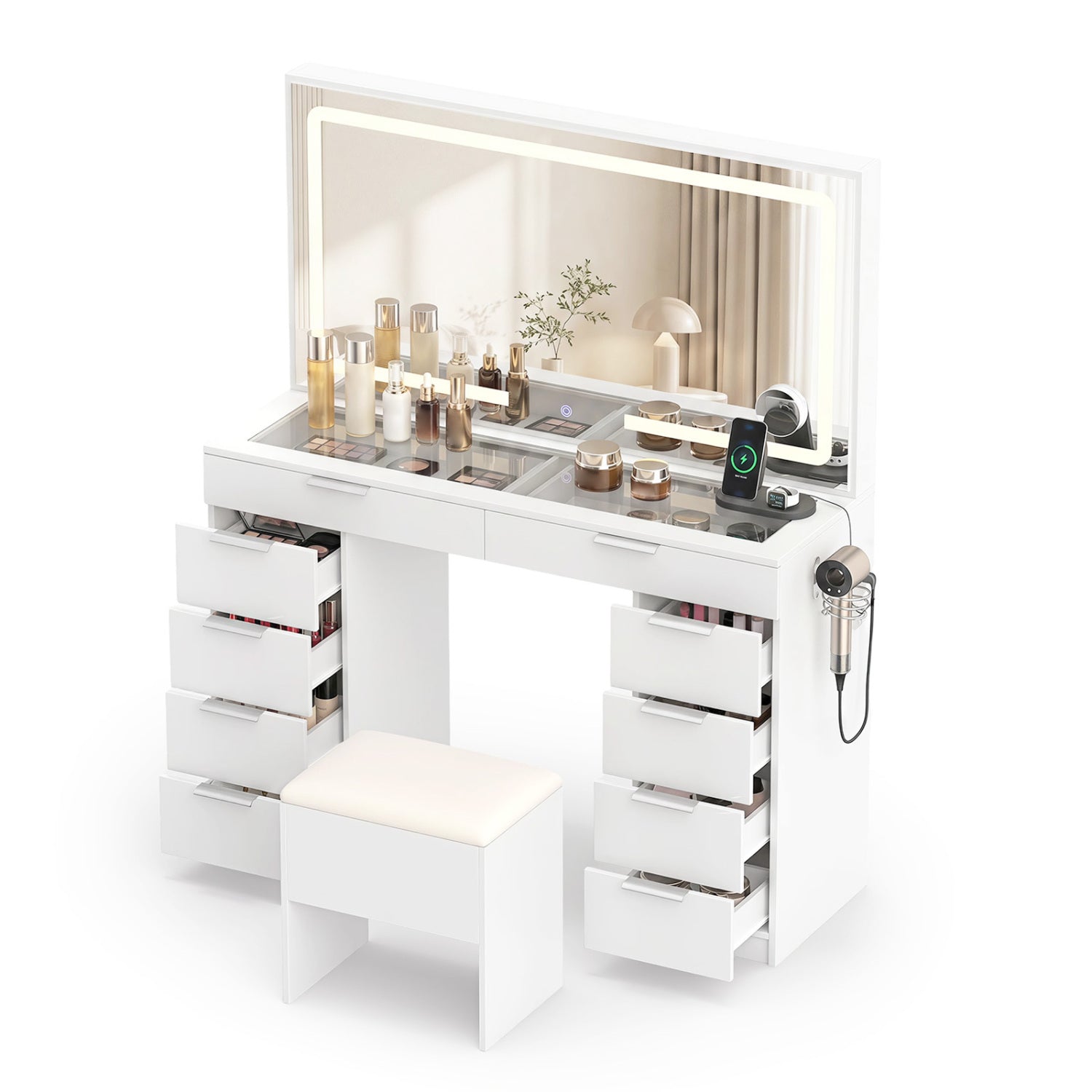 Vanity Desk with Lighted Mirror and Charging Station