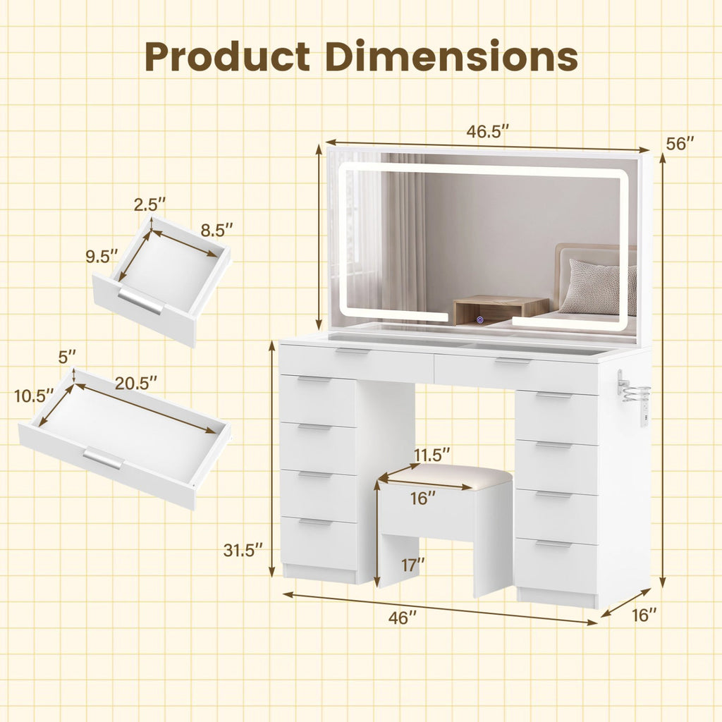 Vanity Desk with Lighted Mirror and Charging Station