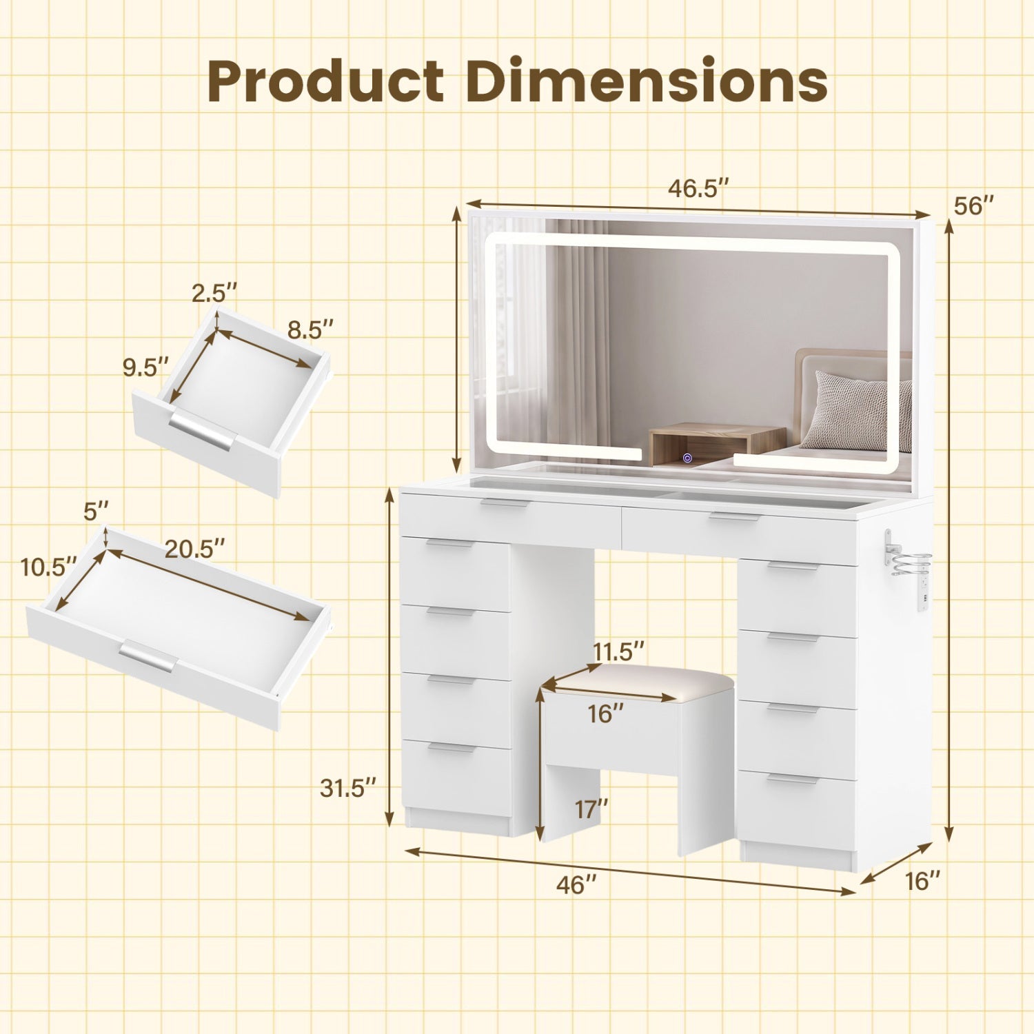 Vanity Desk with Lighted Mirror and Charging Station
