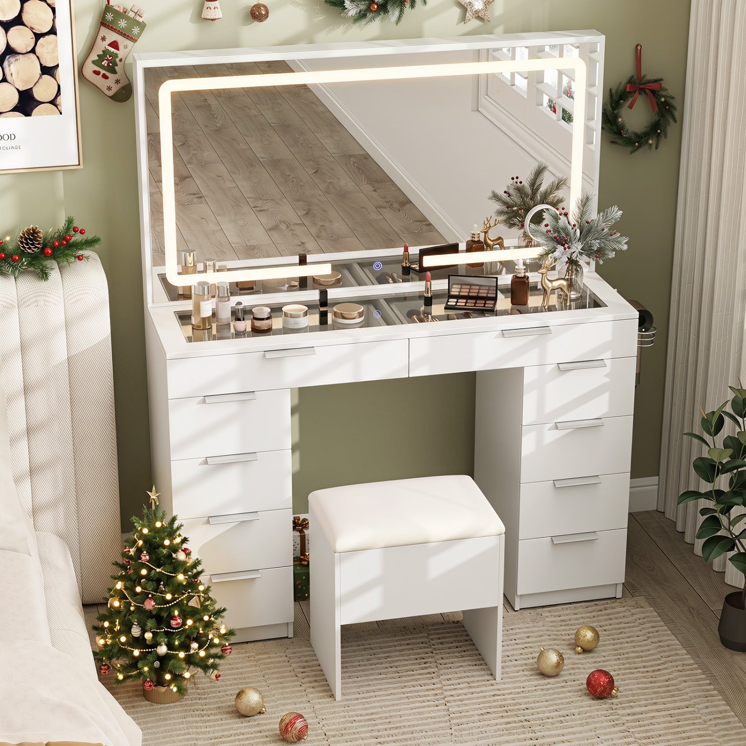Vanity Desk with Lighted Mirror and Charging Station