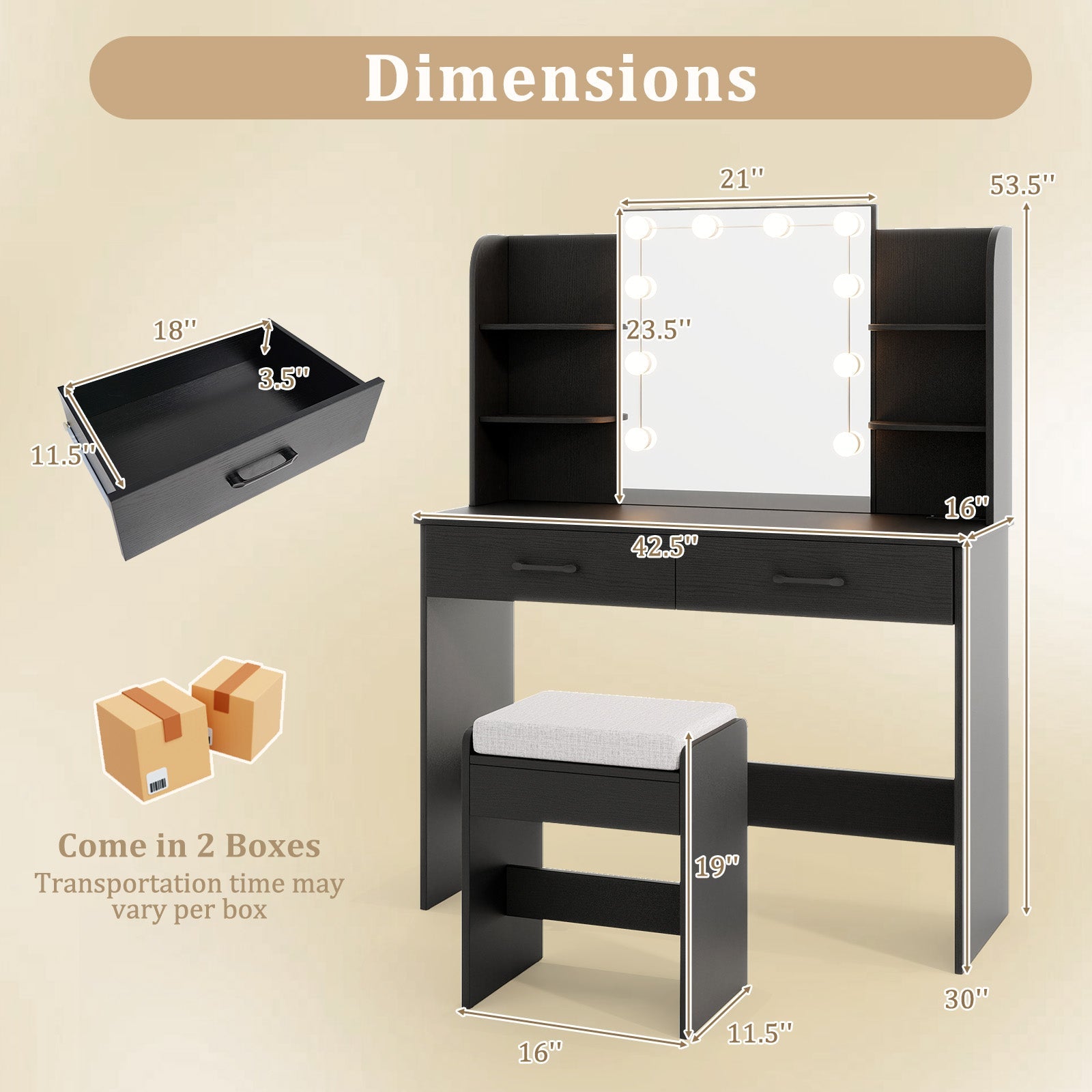 Vanity Set with Lighted Mirror and Stool with Power Outlet