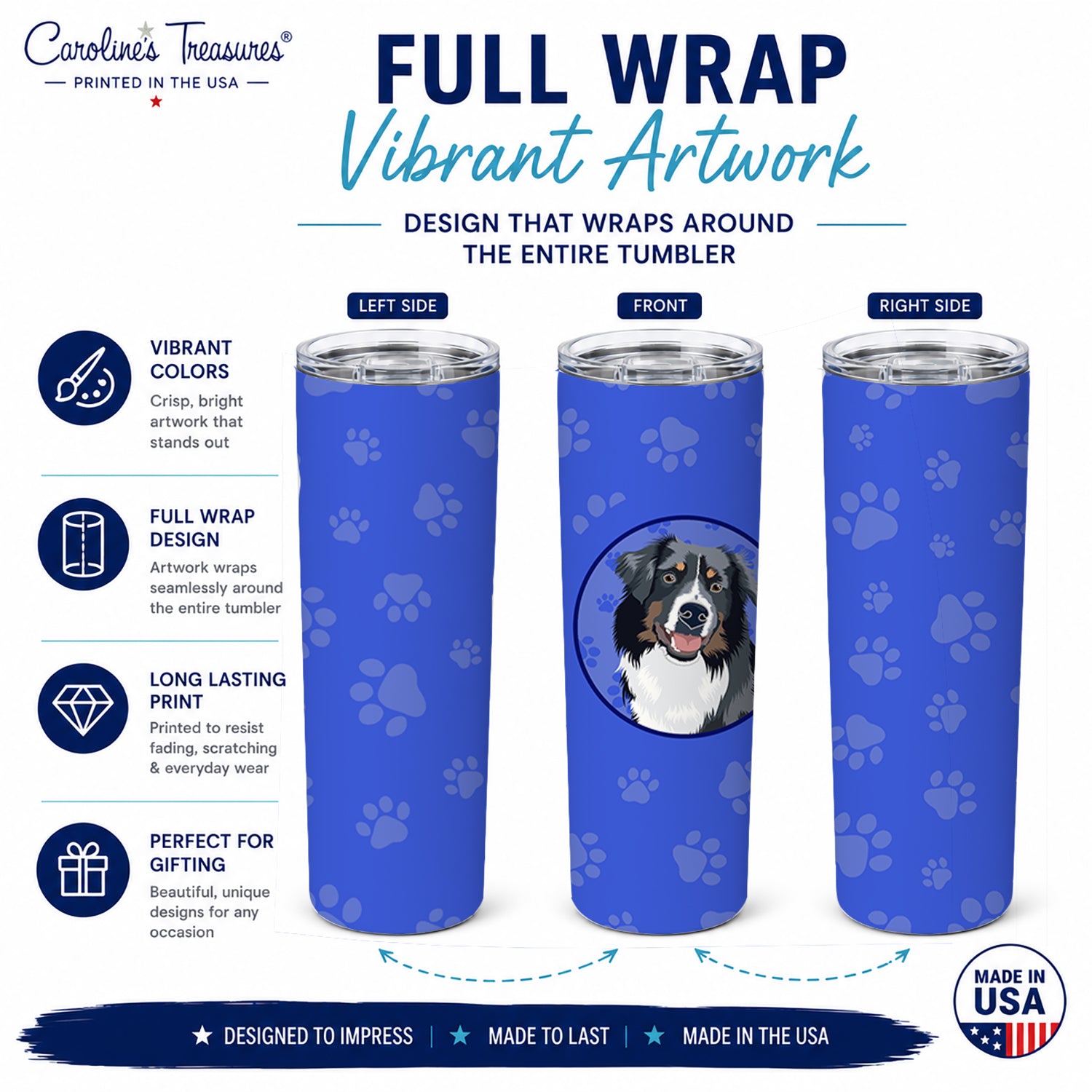 Australian Shepherd Black Tricolor #1  Stainless Steel Skinny Tumbler 20 oz Vacuum Double Walled Reusable Insulated Travel Cup