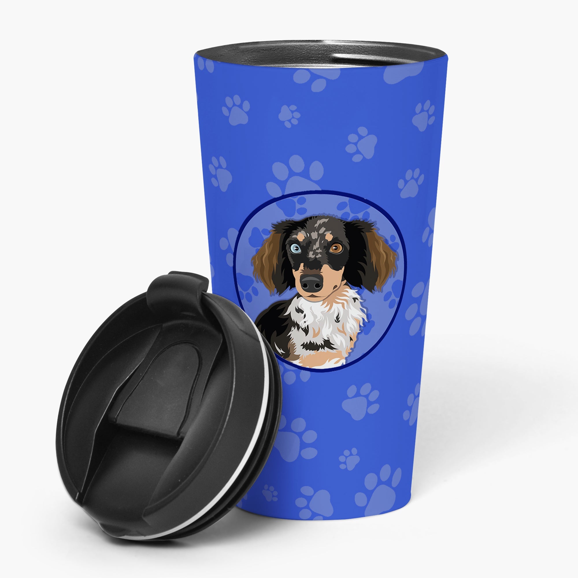 Dachshund Dapple #1 Stainless Steel 16 oz Tumbler Blue Insulated Tumbler with Lid, Cute Travel Cup for Coffee, Cocktails, Gift Men, Dad, Women, Mother